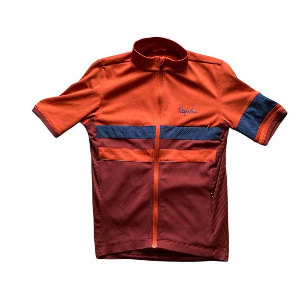 Rapha Orange and Burgundy Short Sleeve Cycling Jersey with Blue Accent